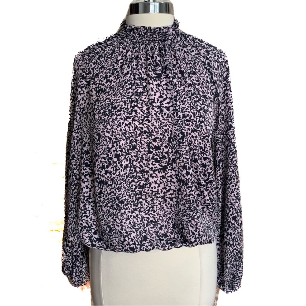 ALLISON JOY Evereve Mock Neck Blouse Pink Gray Large Long Sleeve